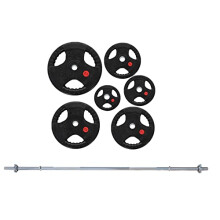 Strongway 50KG 70KG 100KG Tri Grip Weight Plates Sets with 6FT Barbell - 1 Inch (1") / 25mm Hole - Rubber Coated Cast Iron Weight Lifting Bar (50KG