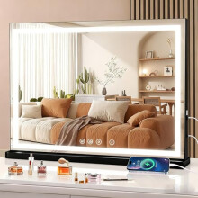 halumao Vanity Mirror with Lights, 80 x 60 cm Large Makeup Mirror with LED Lights, Smart Touch Dimmable 3-Color Light, Memory Function, USB Charging