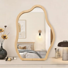 Desk Table Mirror Irregular Makeup Wood Framed Retro Tabletop Mirrors Free Standing Portable High-Definition for Countertop Vanity Living Room Bedroom