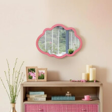 Sintosin Rustic Pink Cloud Mirror 12 X 16 Inch, Hanging Handmade Distressed Finish Wood Frame Small Nursery Mirrors for Wall Girl, Cute Decorative