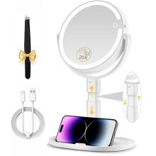 Tuocal Magnifying Mirror with Light 10x, Makeup Mirror with Lights on Stand, Rechargeable 3 Color Lights with Phone Holders 360 Free Standing