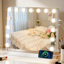 Tuocal Hollywood Vanity Mirror with Lights, 6053cm Lighted Makeup Mirror with 15 Dimmable Led Bulbs, 3 Lighting Modes, 360 Rotation USB and Type-C