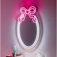RYYN The Lifestyle Edit Oval Neon Mirror with LED Bow Design, Pink and White Wall-Mounted Vanity Light, Room Decor