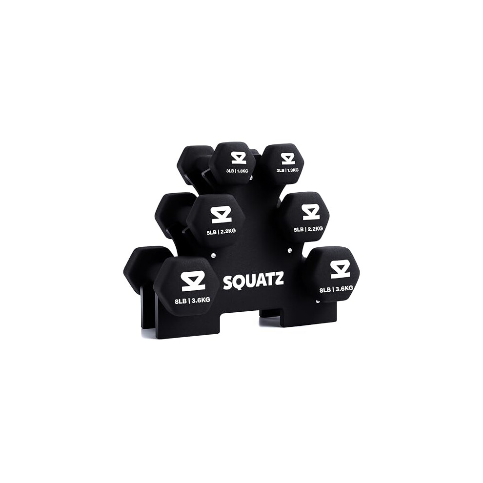 Photos - Barbells & Dumbbells SQUATZ Dumbbells Set Hand Weights, Neoprene Weights Set 1.4 kg 2.3 kg 3.6 kg Black with Stand â Anti-Roll Anti-Slip Grip f