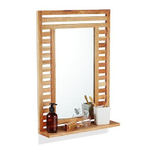 Relaxdays Bathroom Mirror, for Wall, with Shelf, Wooden Frame, Rectangular, Slat Design, HxWxD: 70 x 50 x 12 cm, Natural