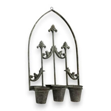 AcaciaHome Vintage Rusty Metal Wall Mirror with Triple Planter 3 Pots Holder - 70cm Arch Design, Indoor/Outdoor Large Garden & Patio Décor for Living