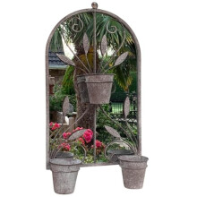 AcaciaHome Modern Rusty 70cm Metal Wall Mirror with Triple Planter Holder Vintage Style Arched Mirror with 3 Integrated Pots, Rustic Industrial