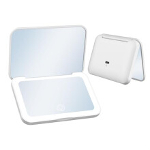Qumox Rechargeable LED Compact Make-Up Mirror, Portable Folding Travel Mirror with 1X & 2X Magnification, 3 Light Colours, Stepless Dimming, Touch
