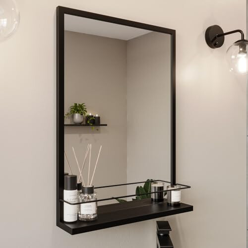 Iona 500 x 700mm Rectangle Black Frame Mirror with Shelf