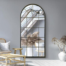 MirrorOutlet The Arcus - Antique Black Framed Window Modern Full Length Arched Leaner/Wall Mirror 71" X 33.5" (180CM X 85CM) Silver Mirror Glass with