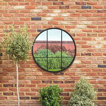 MirrorOutlet The Circulus - Solid Black Metal Framed Window Modern Round Circular Garden Wall Mirror 31" X 31" (80CM X 80CM) Silver Mirror Glass with