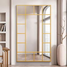 MirrorOutlet The Fenestra - Gold Modern Modern Leaner and Wall Mirror 71" X 43" (180CM X 110CM) Silver Mirror Glass with Black Metal Frame. Landscape
