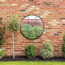 MirrorOutlet The Circulus - Solid Black Metal Framed Window Modern Round Circular Garden Wall Mirror 39" X 39" (100CM X 100CM) Silver Mirror Glass