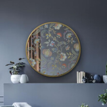 MirrorOutlet The Satis - Gold Frame edged Modern Round Circular Wall Mirror With Art Decals 24" X 24" (60CM X 60CM) Silver Mirror Glass with Gold