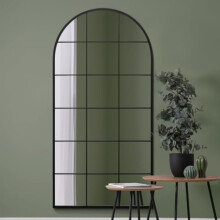 MirrorOutlet The Fenarc - Black Metal Framed Modern Arched Wall Leaner WIndow Mirror 71" X 35" (180CM X 90CM) Black. 2cm Wide Frame and 3cm Deep.