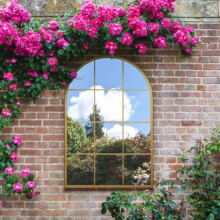 MirrorOutlet The Fenarc - Gold Metal Framed Modern Arched Garden Wall WIndow Mirror 47" X 31" (120CM X 80CM) Gold. 2cm Wide Frame and 3cm Deep.