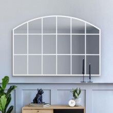 MirrorOutlet The Arcus - White Framed Modern Over Mantle Arched Wall Window Mirror 43" X 29" (110CM X 75CM) Silver Mirror Glass with Black All weather