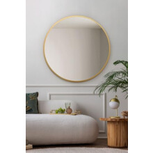 MirrorOutlet The Fenestra - Gold edged Modern Round Circular Wall Mirror 35" X 35" (90CM X 90CM) Silver Mirror Glass with Black Metal Frame