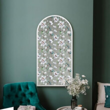 MirrorOutlet The Typis - White Metal Frame Edged Modern Round Arch Edge Wall Mirror With Flower Printed Decal 47" x 24" (120CM X 60CM) Silver Mirror