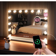 GloBrite Hollywood Vanity Mirror with 15 Dimmable LED Bulbs - 3 Lighting Modes, 10x Magnification, Touch Control, USB Charging, Wall/Tabletop, Lighted