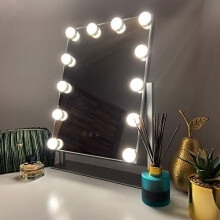Glamour Mirrors Roxy Silver LED Hollywood Mirror | Day to Night Colour Change | Dimmable Lights | Tabletop Vanity Mirror | 30cm x 41cm