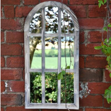 MAISONICA 70cm Gothic Round Style White Distressed Garden Mirror - Indoor/Outdoor Use