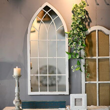 DEENZ Arched From Top Window Mirror White Brushed Large Frame Vintage Style Wall Mounted Home Decoration Antique Item For Indoor Use 90 X 60 Cm