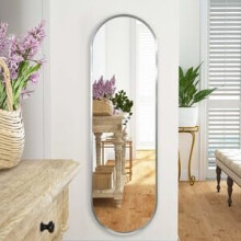 DEENZ Pill-Shaped Elongated Sleek Oval Hanging Mirror Silhouette Contemporary Silver Finish Metal Aluminium Frame Perfect For Home Decor Modern Touch