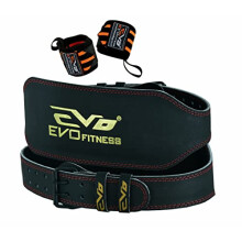 EVO Fitness 6” Matte Black Weight Lifting Belt With 18" Wrist Straps Gym Cowhide Leather Padded Lumbar Back Support Powerlifting Bodybuilding