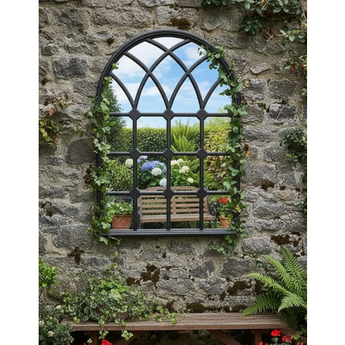 DEENZ Arched Top Window Wall Hanging Mirror Black Finish Plastic Frame Grid Pattern Indoor/Outdoor Use Style Elegant Vanity Gothic Display Home Office 2