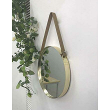 Trendi Leather LOOK Strap Metal Wall Round Hanging Decorative Vanity Mirror (Golden,30cm)