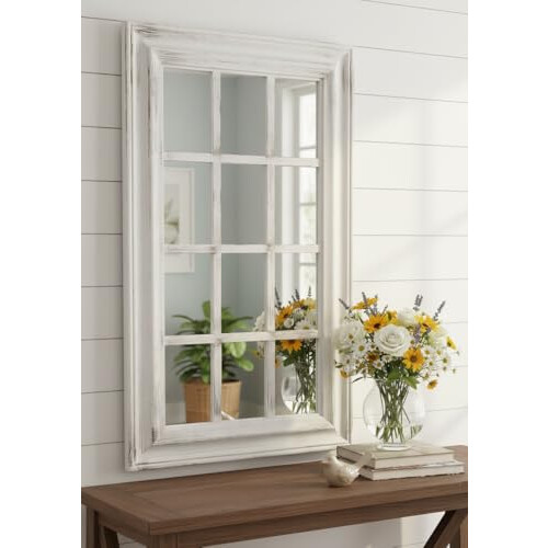 DEENZ White Rectangle Window Style Wall Mirror Durable Frame,Indoor/Outdoor 43X73Cm 1