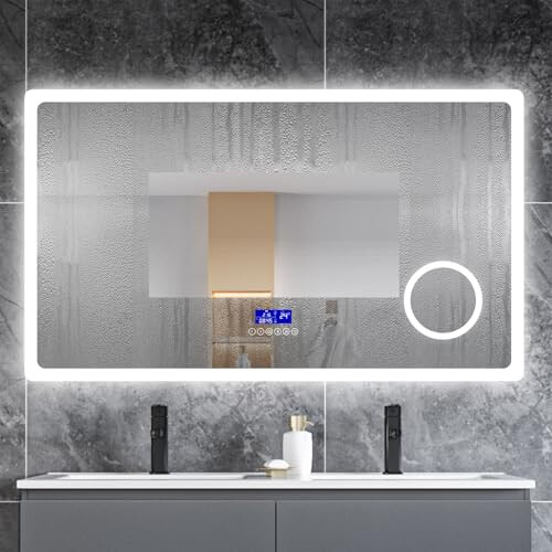1600x800 Rectangular Bathroom Mirror,3 Colors Dimmable LED Light,3X Magnifier,Clock,Anti-fog,Memory function,Sensor touch,IP44
