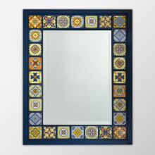 Artistry Home Greek Blue Mosaic Mirror 41x51 cm Handmade Ceramic Tile Wall Mirror Rustic Wood Frame for Bathroom Hallway or Living Room Decor