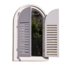 Darthome White Arched Shutter Window Garden Mirror, Outdoor French Country Wall Decor with Louvre Shutters, Wood and Glass, 37x60x5cm