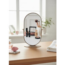 Biznest Beige Oval Mirror 360 Degree Rotation Function Dressing Table Framed Stand Swivel Design Home Decor For Grooming, Shaving & Vanity Display