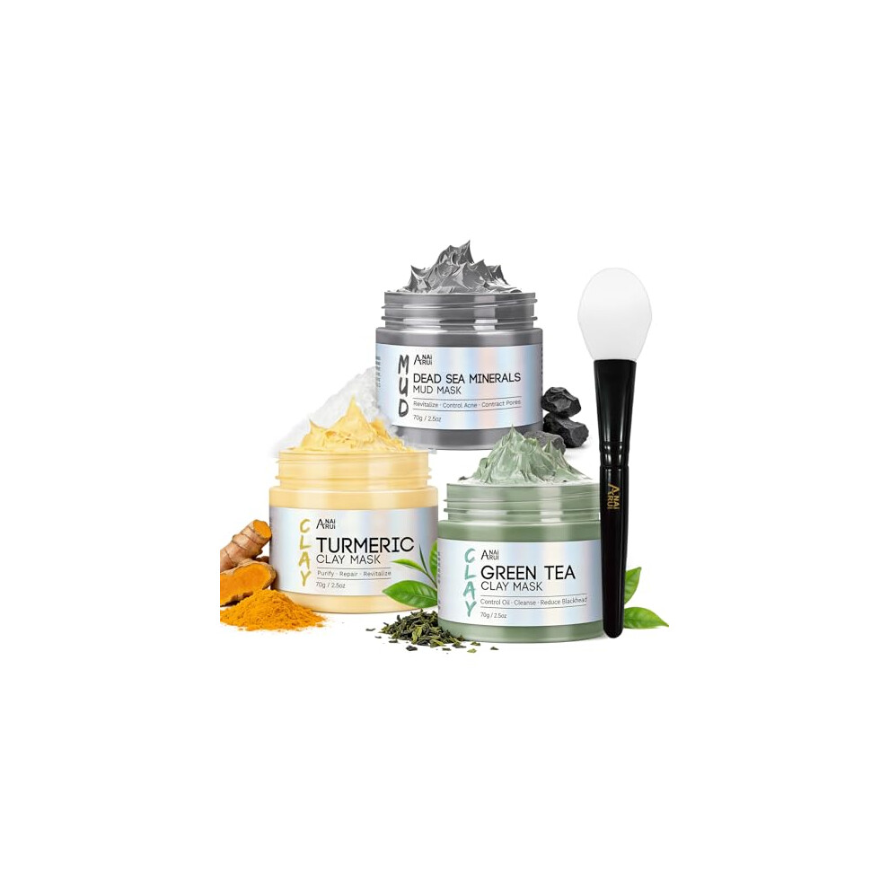 Anai Rui Anairui Clay Face Masks Skincare, Turmeric Clay Masks - Green Tea Face Masks - Dead Sea Minerals Mud Masks, Spa Facial Mask Set For Deeply Cleansing,