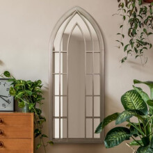 The Somerley - Rustic Framed Arched Gothic Window Style Leaner Wall Mirror 59" X 24" (149CM X 61CM) Stone Colour
