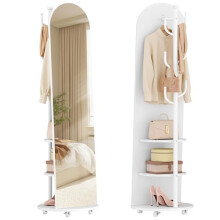 Hzuaneri Full Length Mirror, 360 Rotating Floor Mirror with Wheels, 165 x 45 cm, Standing Mirror with Coat Rack, with Shelves and Hooks for Bedroom,