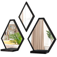 JACKCUBE Design Wall Mount Decorative Mirrors- Set of 3, Geometric Rustic Wood Real Mirror with Shelf for Bedroom, Bathroom, Living Room, Kitchen Wall