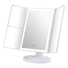 GRIFEMA Vanity Makeup Mirror - Trifold Table Mirror with 32 LED Lights & 3X/2X/1X Magnification, Touch Screen, 360 Rotation, Two Power Supply - Gift