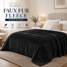 (Single, Black) Ribbed Faux Fur Throw Blanket Soft Fluffy Fleece Warm Blanket for Sofa Bed 350GSM