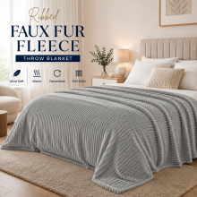 (King, Grey) Ribbed Faux Fur Throw Blanket Soft Fluffy Fleece Warm Blanket for Sofa Bed 350GSM