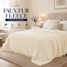 (Single, Cream) Ribbed Faux Fur Throw Blanket Soft Fluffy Fleece Warm Blanket for Sofa Bed 350GSM