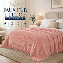 (Double, Pink) Ribbed Faux Fur Throw Blanket Soft Fluffy Fleece Warm Blanket for Sofa Bed 350GSM