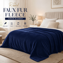 (Double, Navy Blue) Ribbed Faux Fur Throw Blanket Soft Fluffy Fleece Warm Blanket for Sofa Bed 350GSM