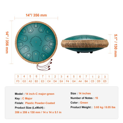 Tambour à Langue - DUOKU - 14 Pouces - 15 Notes - Do Majeur - Vert 1