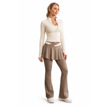 (M-L, Beige - CH104) Ladies Gym Tracksuit Workout Top & Running Shorts