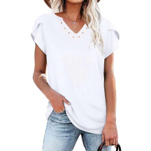 Chemisier Femme Respirant Col en V Manches Courtes T-Shirt Casual Blanc XL — t-shirt col v, t-shirt femme chic