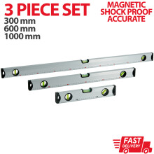 SILVER MAGNETIC 3 PIECE BUILDERS BUILDING SPIRIT LEVEL SET - 300, 600, 1000mm